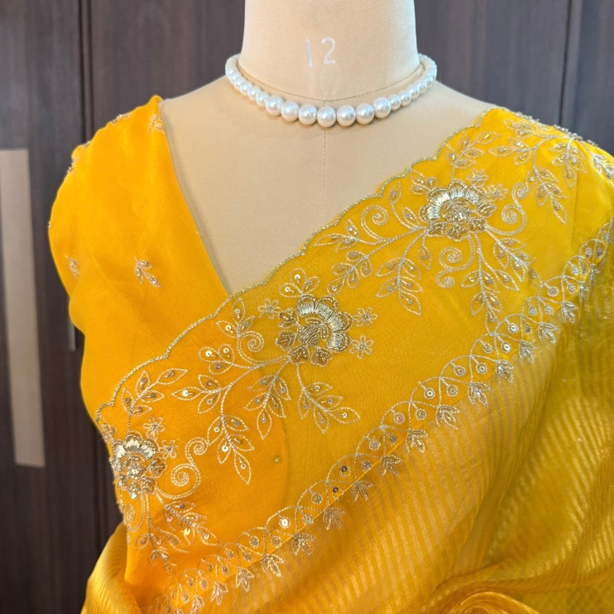 Yellow Pure Tissue with Hand Aari Embroidery Silk Saree