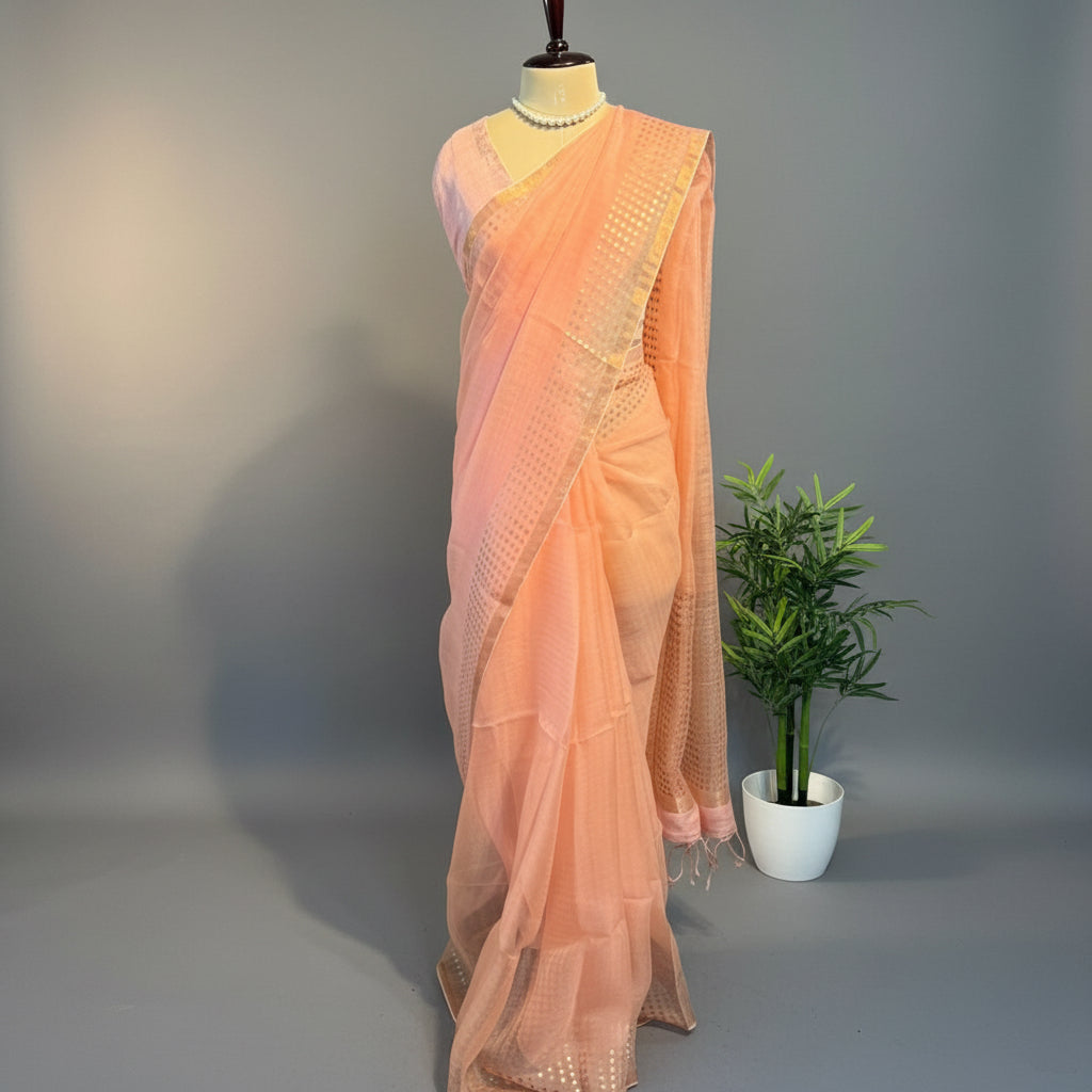 Peach Kora Muslin Sequin Silk Saree