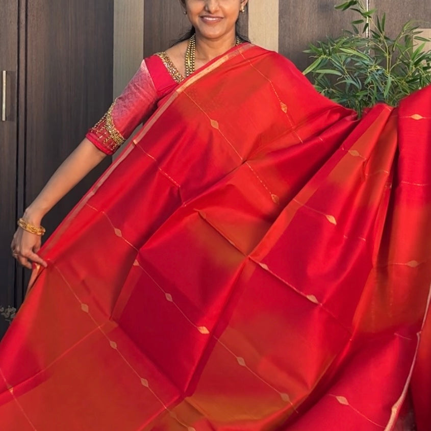 Red with Yellow Dual Shade Maheshwari Silk Cotton Saree