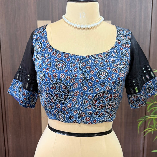 Indigo Ajrakh Floral Modal Mirror Embroidery Blous