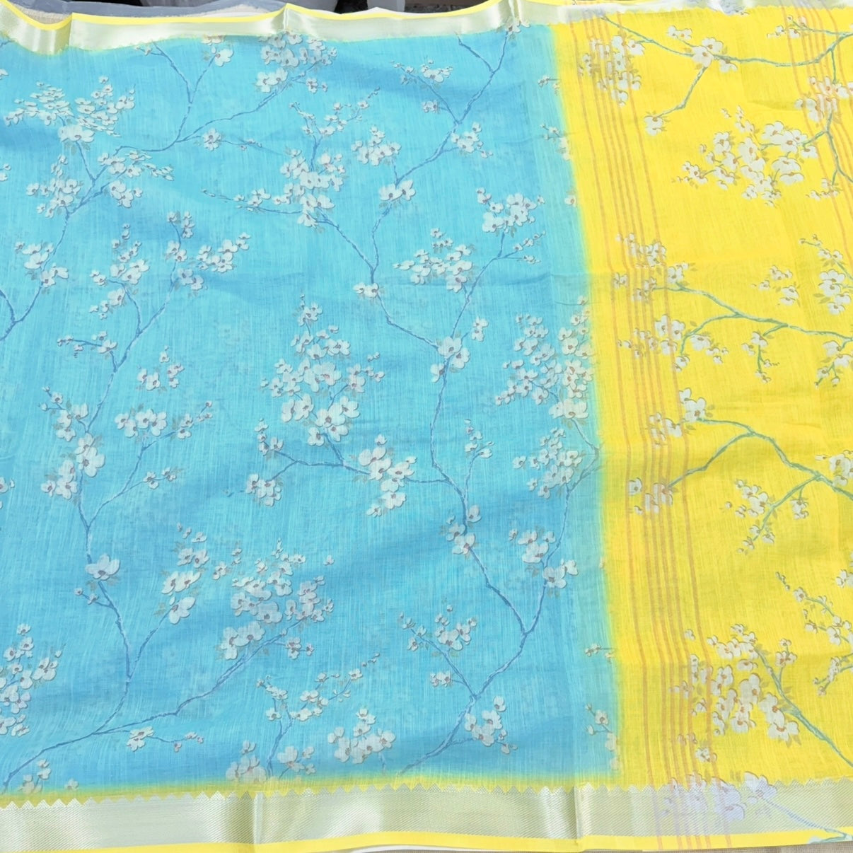 Sky Blue n Yellow Floral Embroidery Linen  Saree