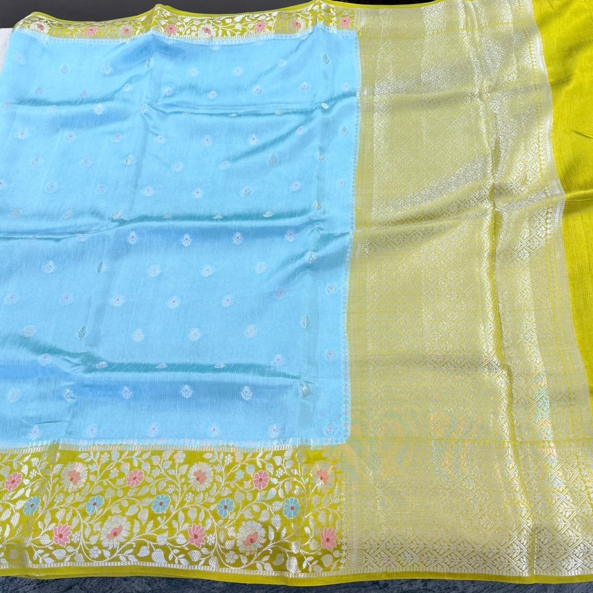 Sky Blue Lime Green Floral Pure Kora Silk Saree