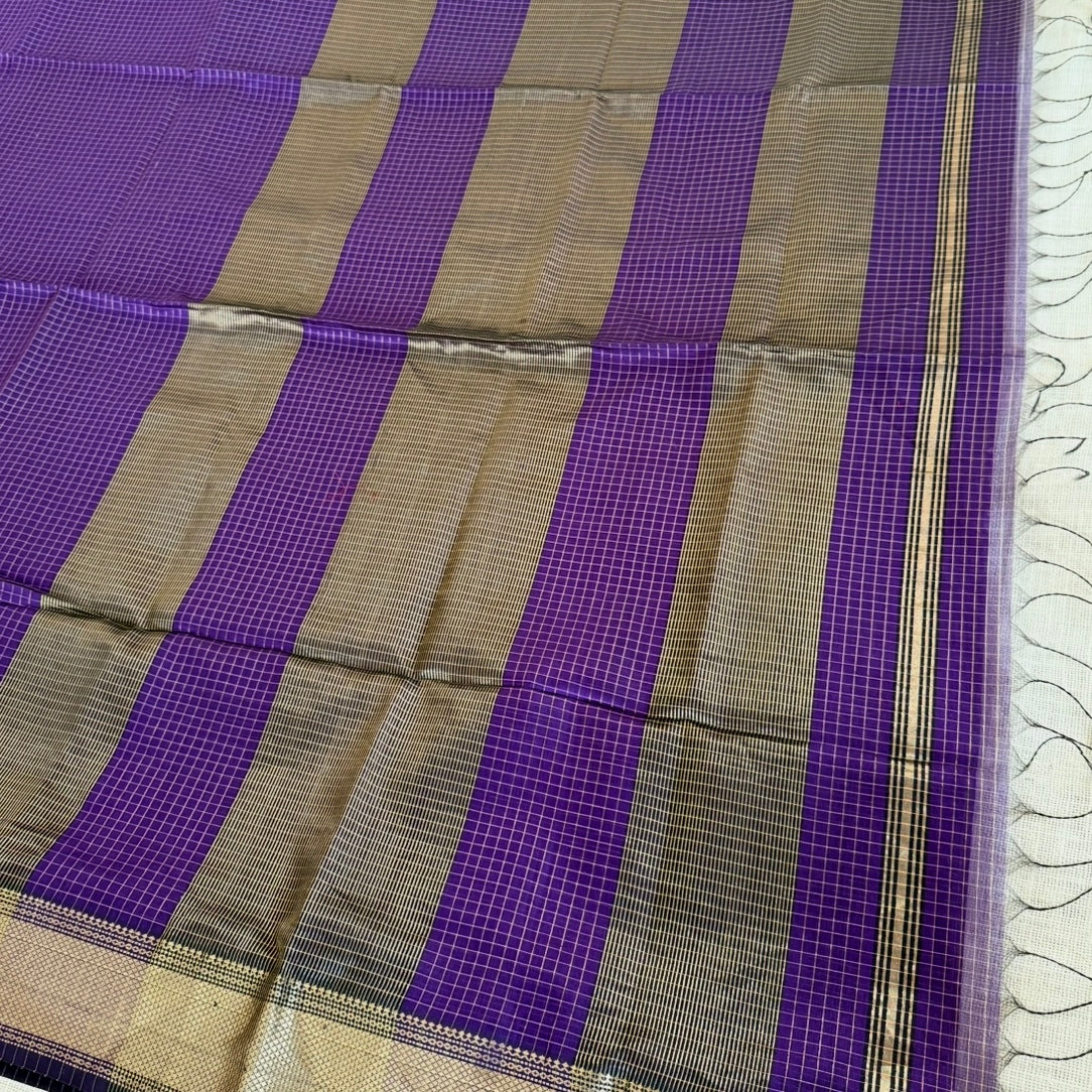 Purple Zari checked Maheshwari pure silk cotton saree