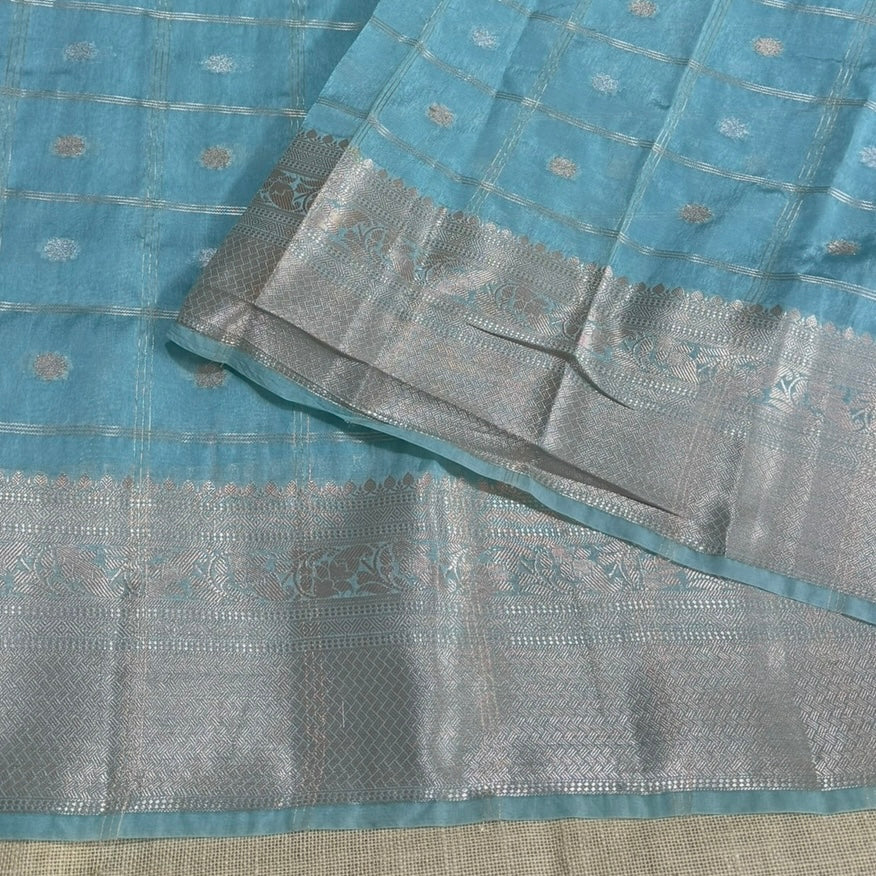 Pastel Blue Checked Kora Silk Saree