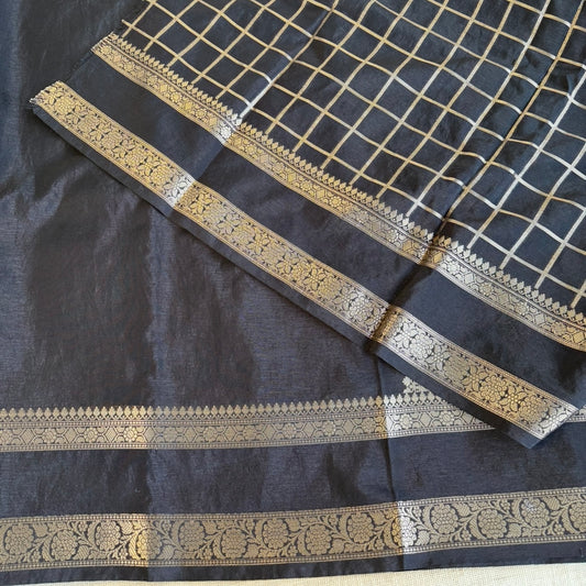 Black Plain Raw Silk Saree Checked Blouse