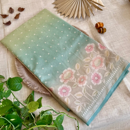 Sea Green Gradient Floral Soft Tissue Silk Saree
