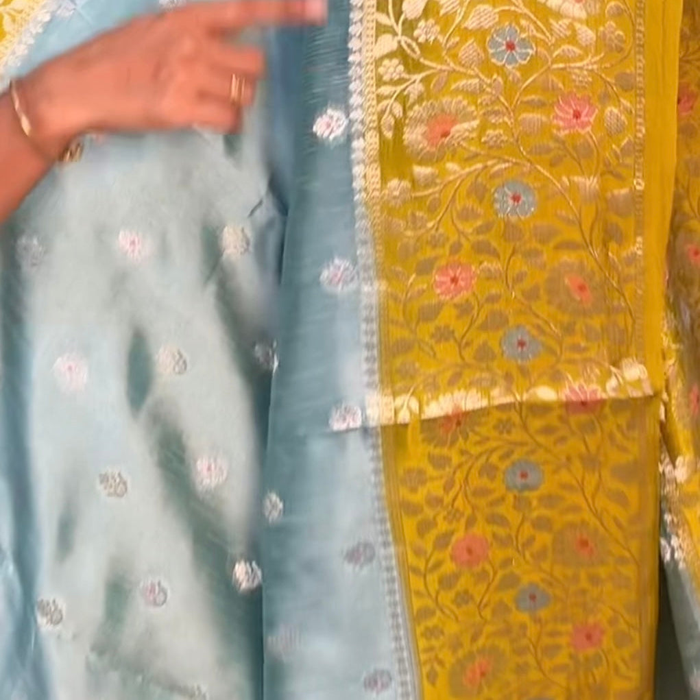 Sky Blue Lime Green Floral Pure Kora Silk Saree