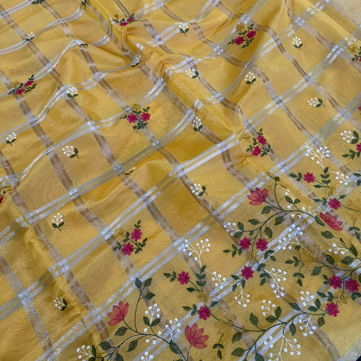 Mustard Chekcs Floral Embroidery Semi Tussar Saree