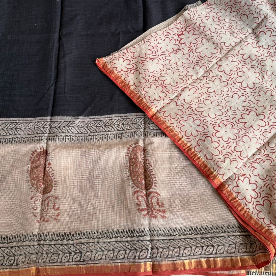 Black with Beige Pure Kota Doriya Saree