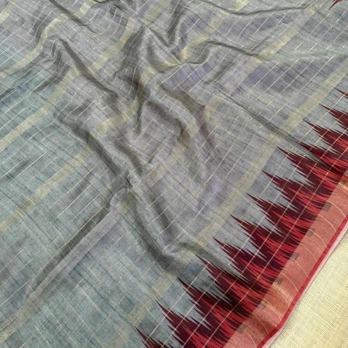 Silver Grey with Deep Maroon Semi Tussar Saree