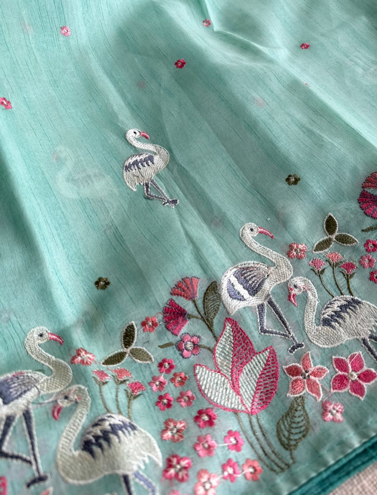 Crane Embroidery Semi Tussar Saree