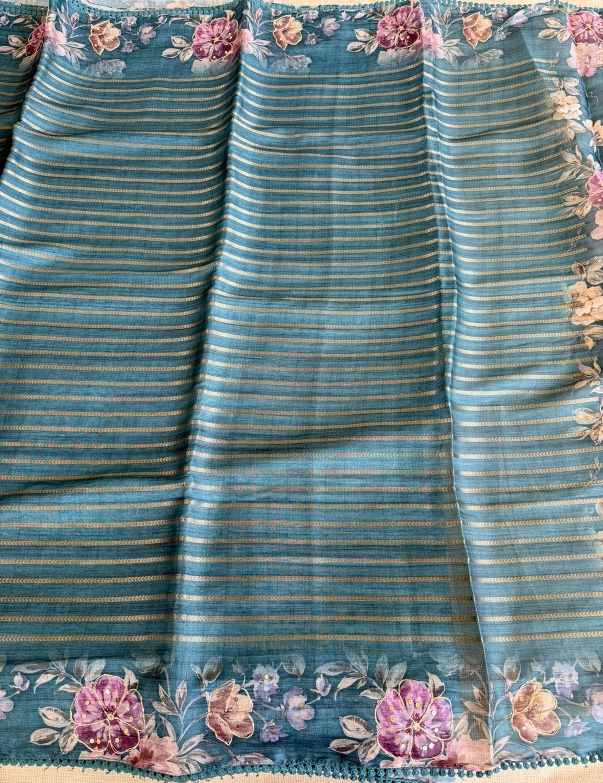 Teal Blue Floral Fancy Saree