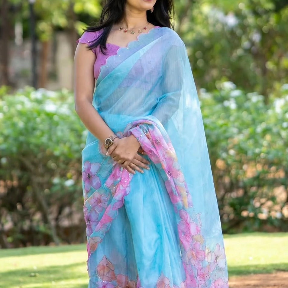 Sky Blue Floral Embroidery Linen Sequin Saree