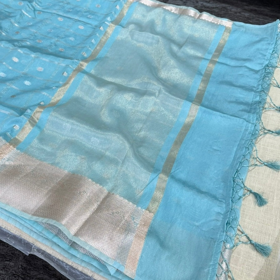 Pastel Blue Checked Kora Silk Saree