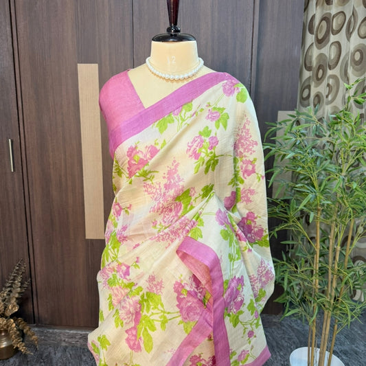 Pink Floral Pure Tussar Silk Saree