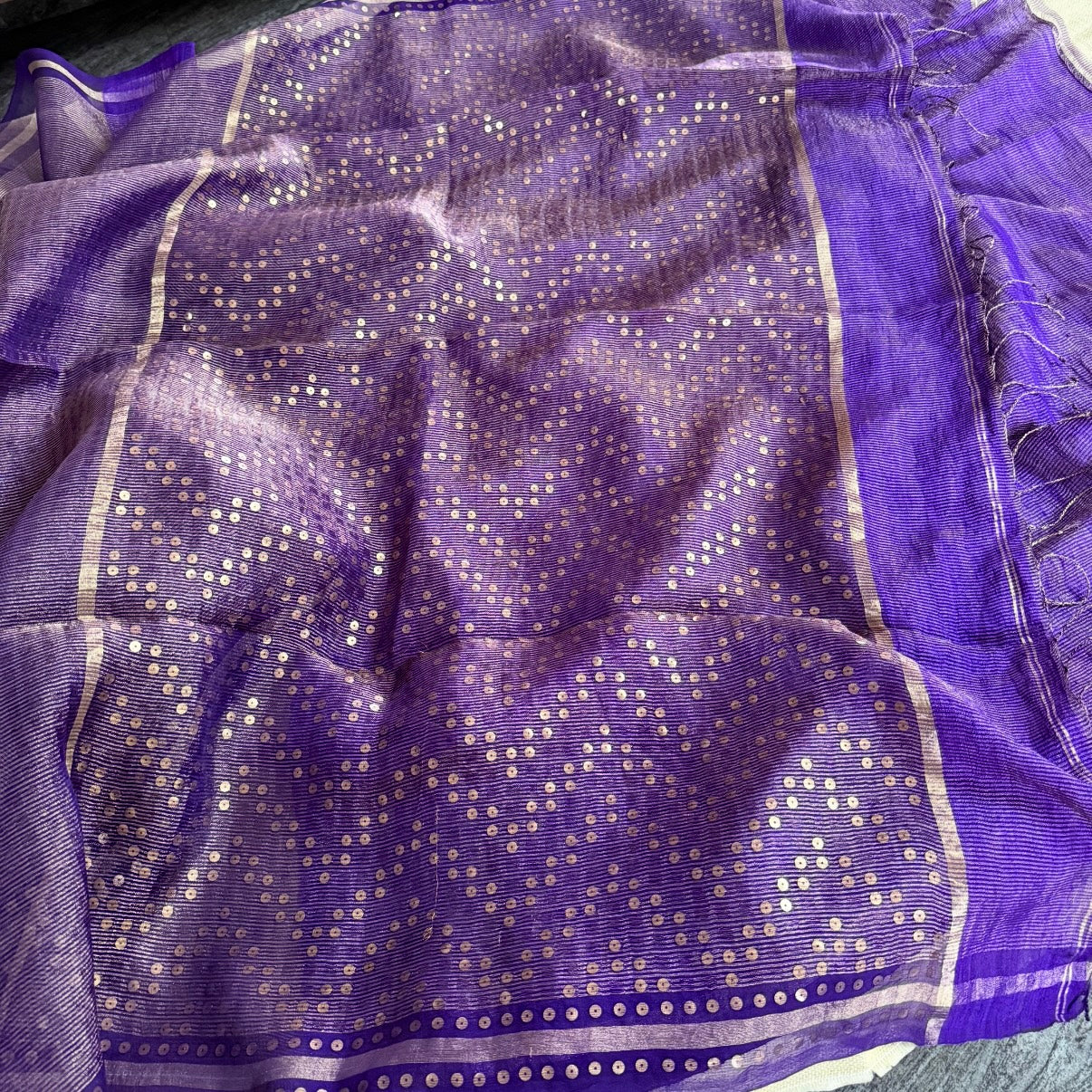 Rich Purple Pure Muslin Tissue Sequin Saree
