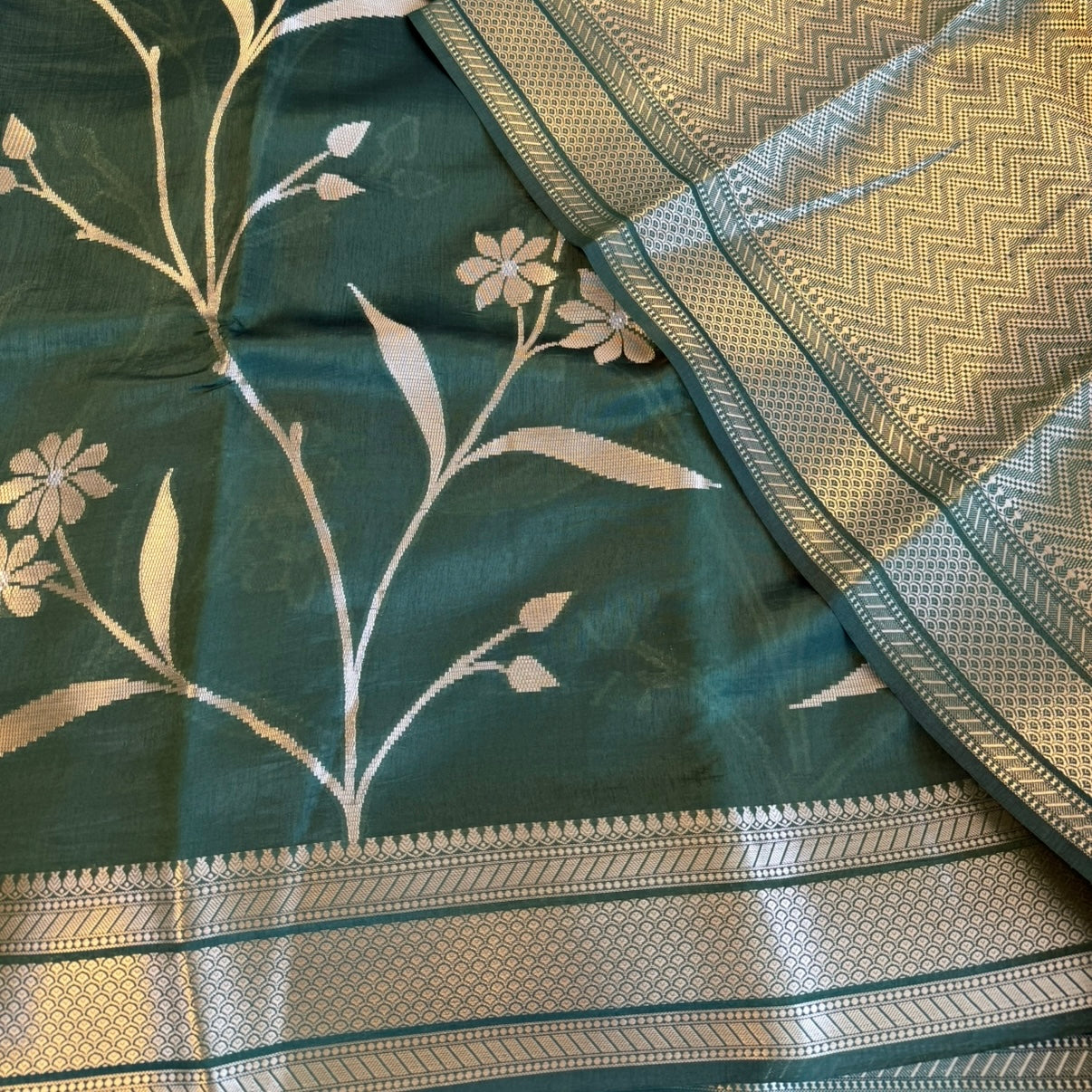 Bottle Green Pure Raw Mango Banarasi Silk Saree