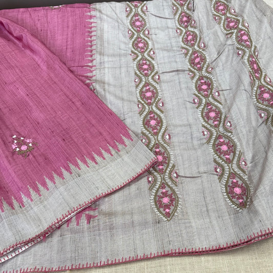 Rose Pink Tussar Saree with Lambani Embroidery