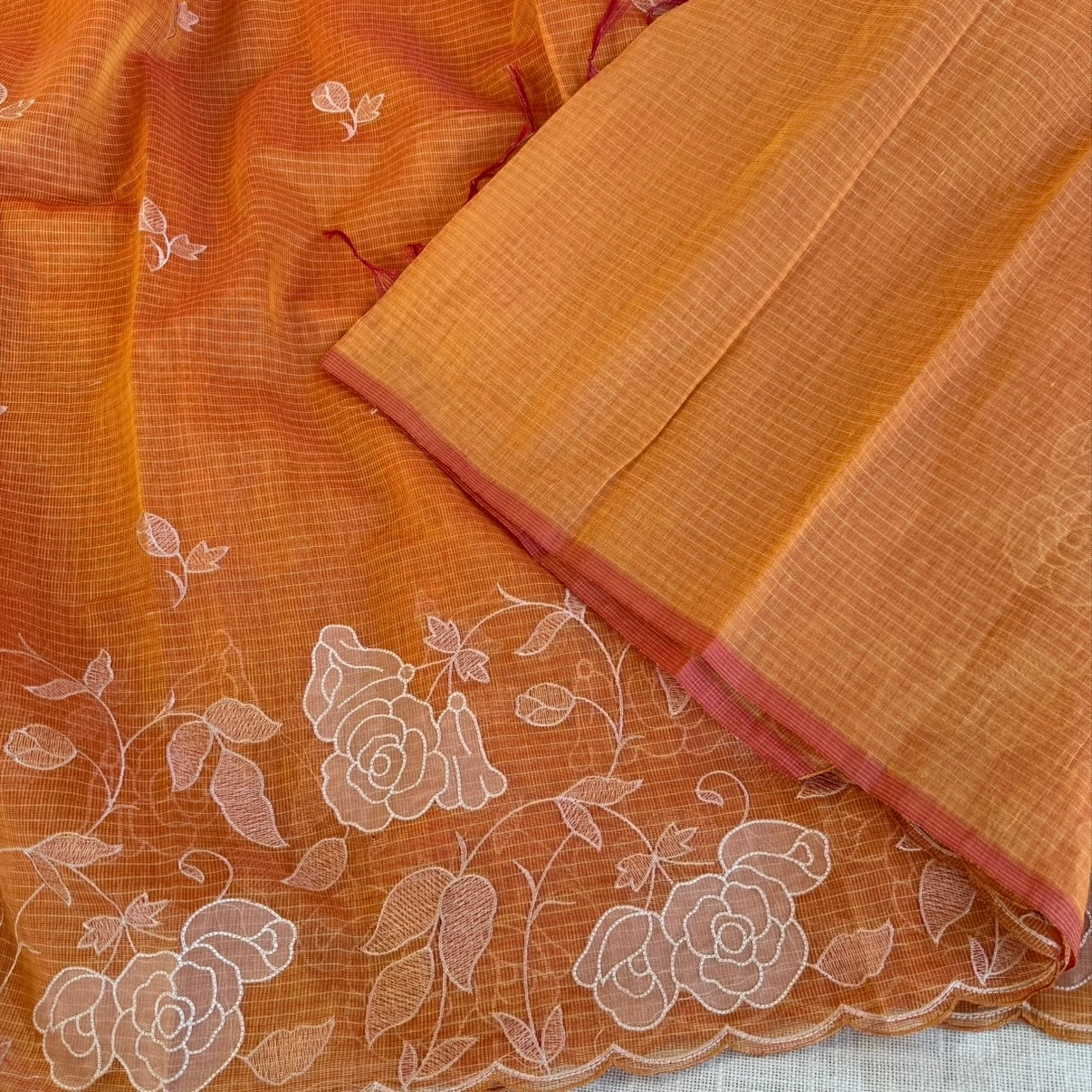 Orange Kota Tissue Embroidery Saree