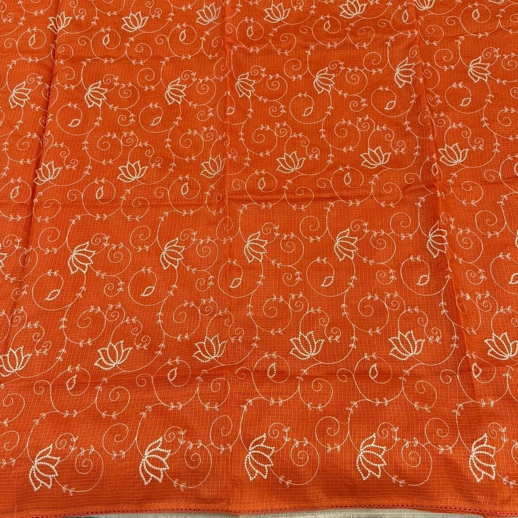 Orange Kota Cotton Crochet Embroidery Saree 