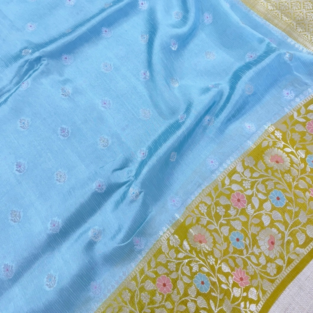 Sky Blue Lime Green Floral Pure Kora Silk Saree
