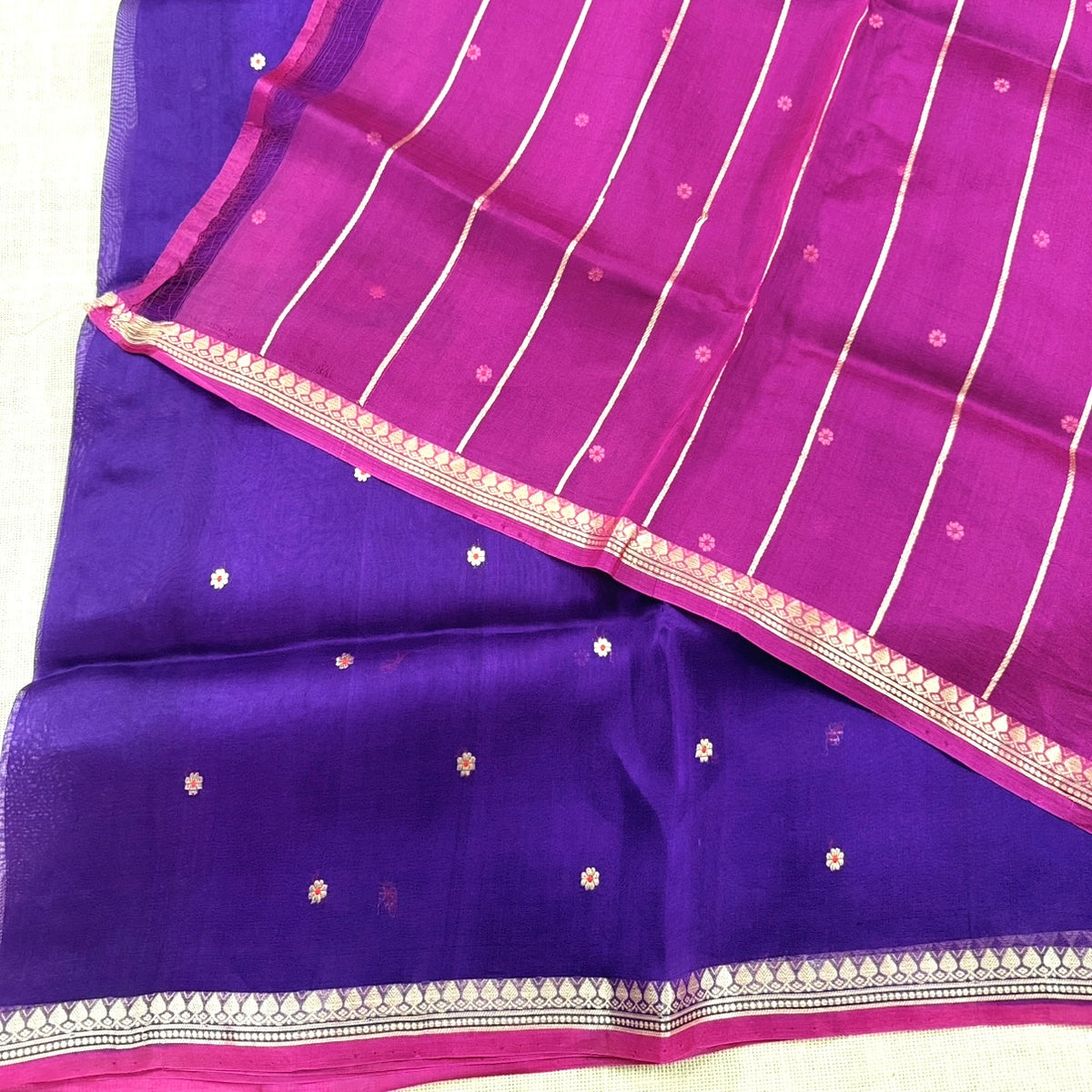 Purple with Pink Pure Kora Silk Saree