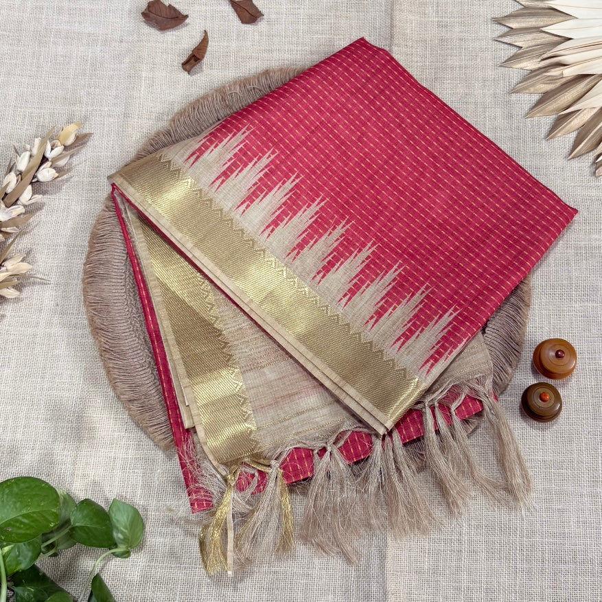 Red with Ivory Semi Tussar Saree