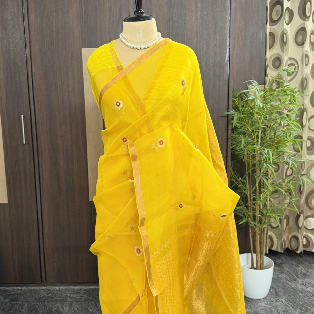 Yellow pure Kora muslin Banarasi silk saree with gold zari buttas – Vini's Ethnic
