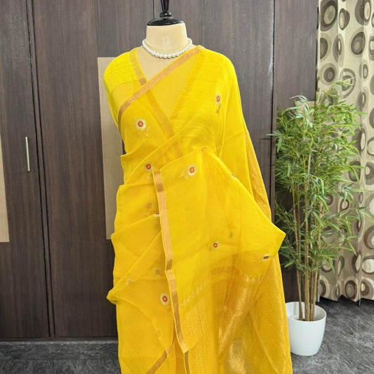 Yellow pure Kora muslin Banarasi silk saree with gold zari buttas – Vini's Ethnic
