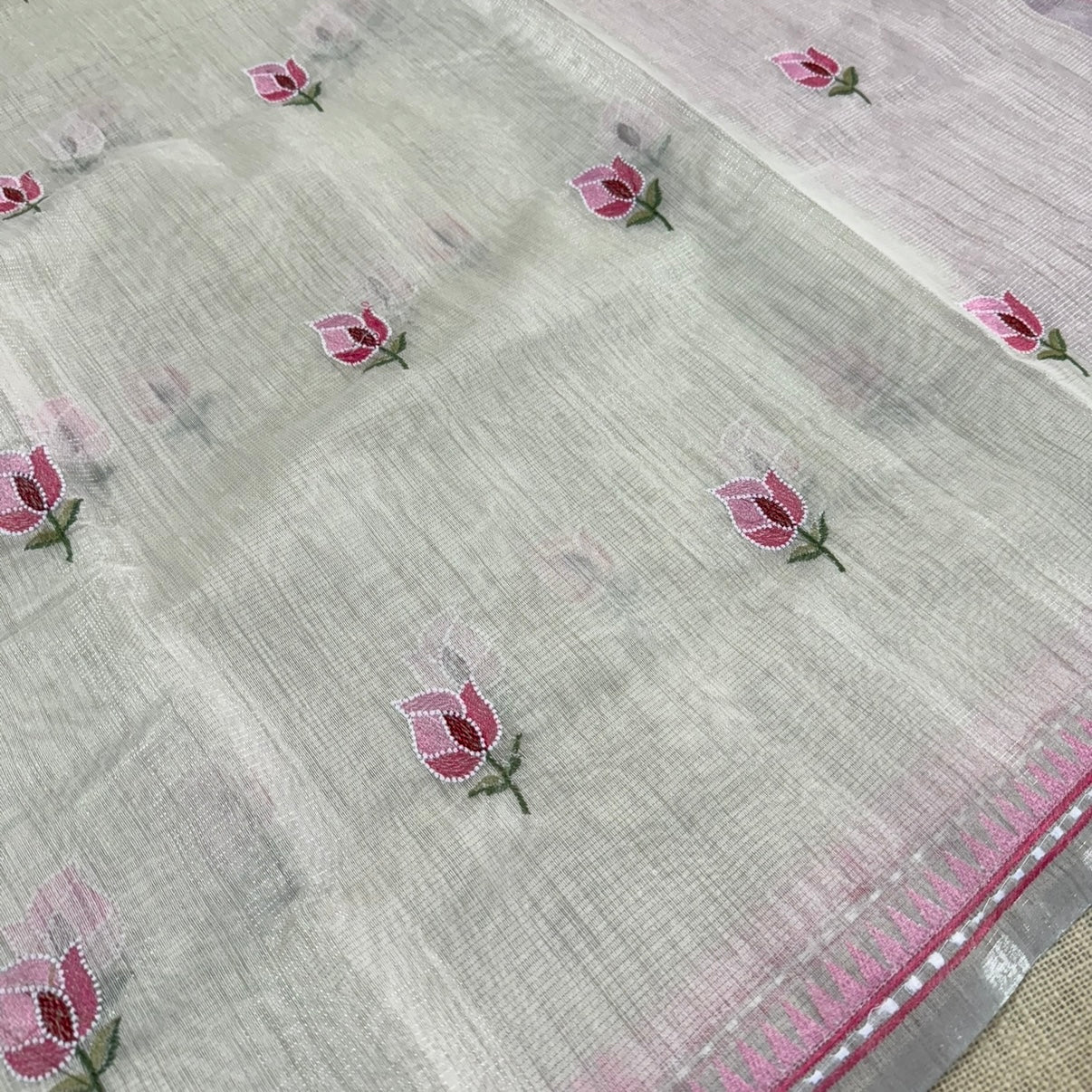 Off white Pink Floral Tissue Embroidery Fancy Tussar Saree