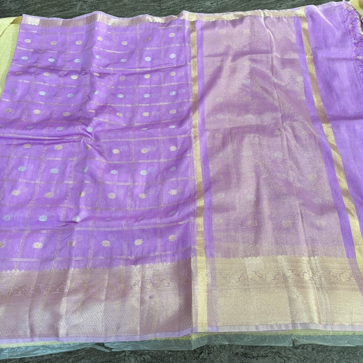 Lilac Checked Kora Silk Saree