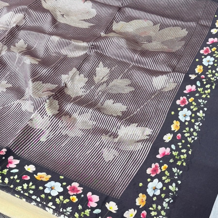 Black Puna Silk Tissue Digital Print Saree