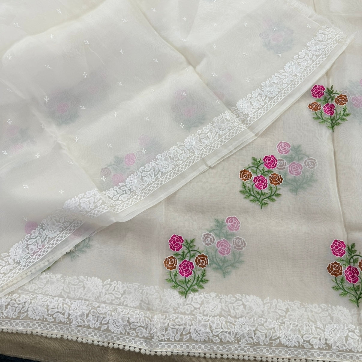 Off White Intricate Floral Embroidery Kora Organza Saree