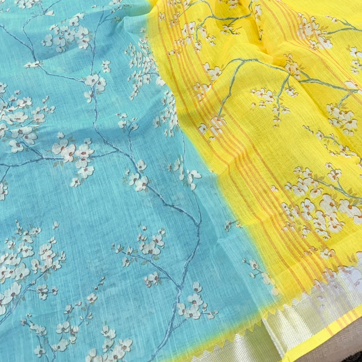 Sky Blue n Yellow Floral Embroidery Linen  Saree