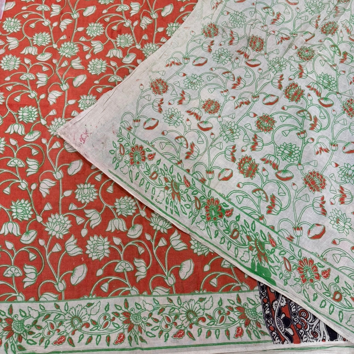 Orange Floral Kalamkari Cotton Saree