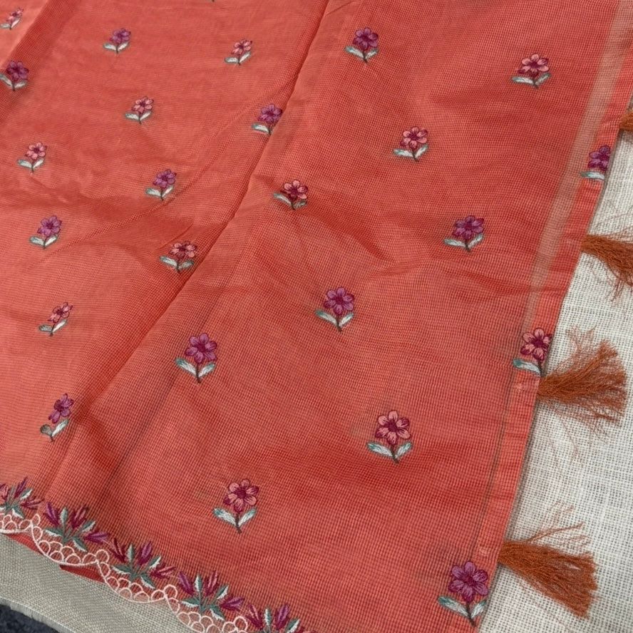 Orange Kota Scallop Embroidery Saree