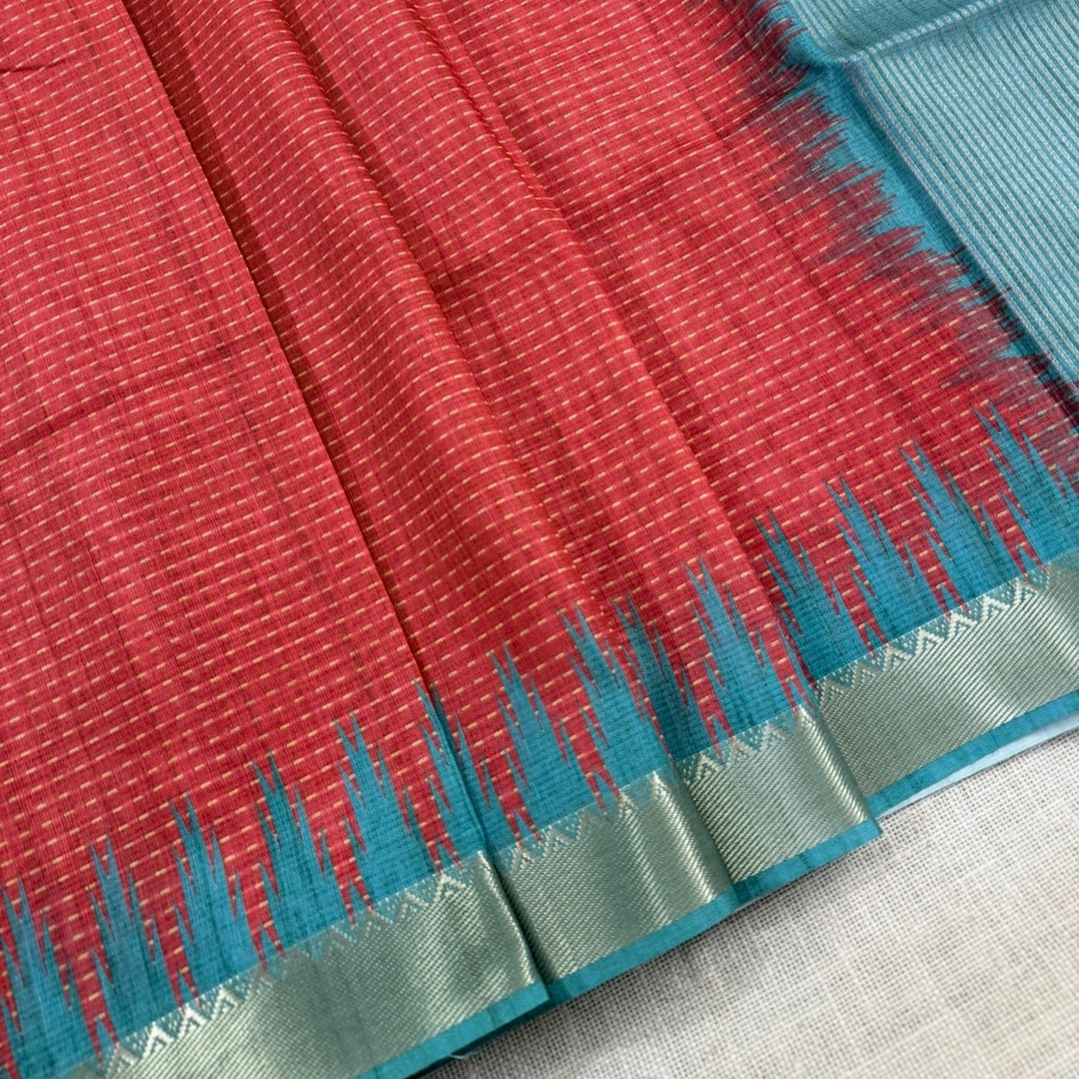 Coral Red with Aqua Blue Semi Tussar Saree