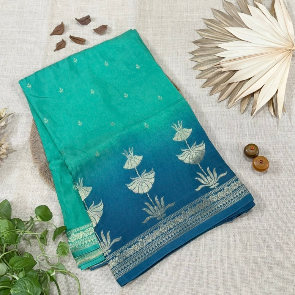 Green with Blue Pure Crepe Silk Saree