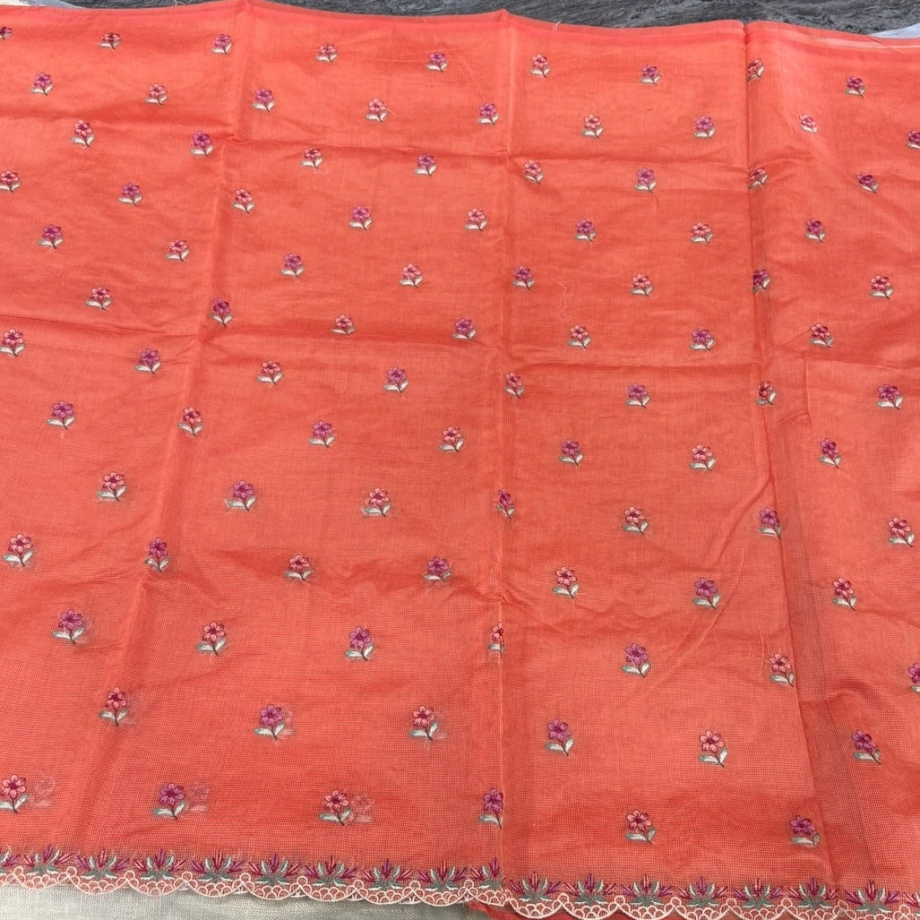 Orange Kota Scallop Embroidery Saree