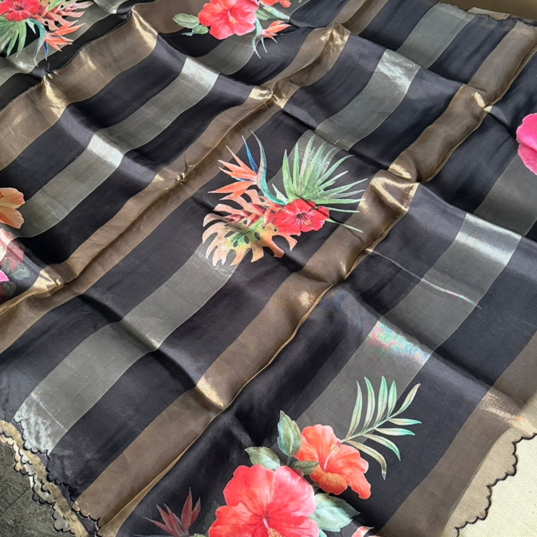 Eternal Black Gold Stripes Floral Pure Tissue Organza Saree