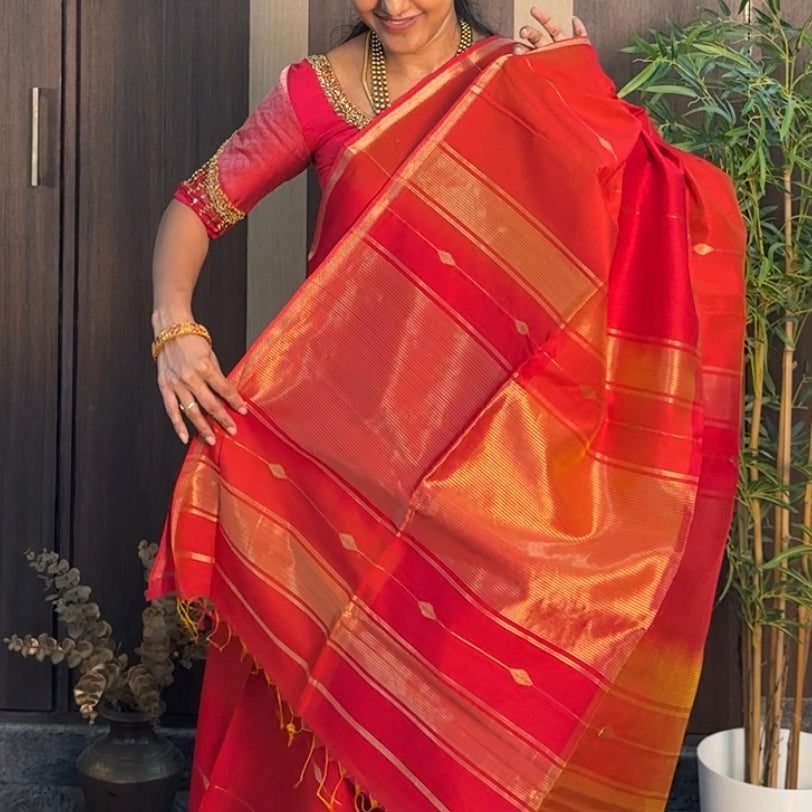 Red with Yellow Dual Shade Maheshwari Silk Cotton Saree
