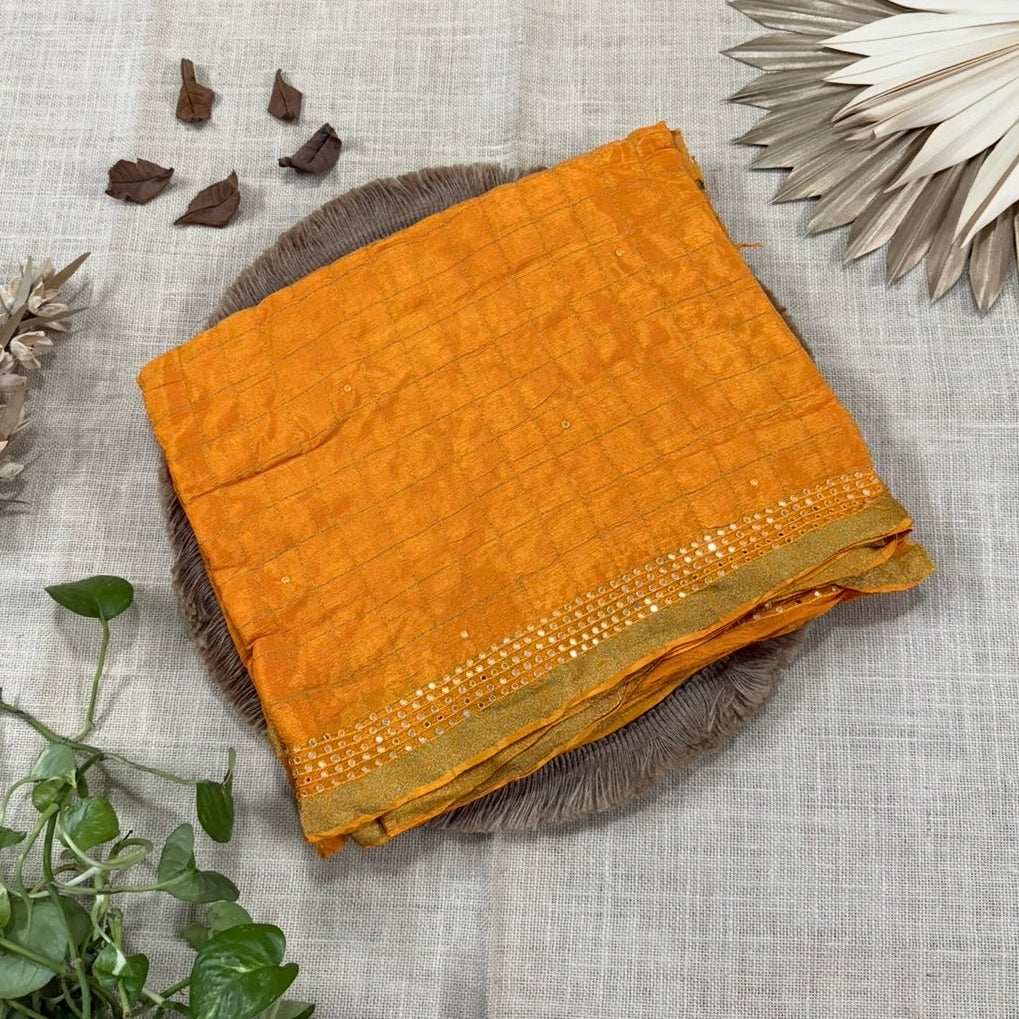 Yellow Zari Checks Mirror Chinnon Silk Saree
