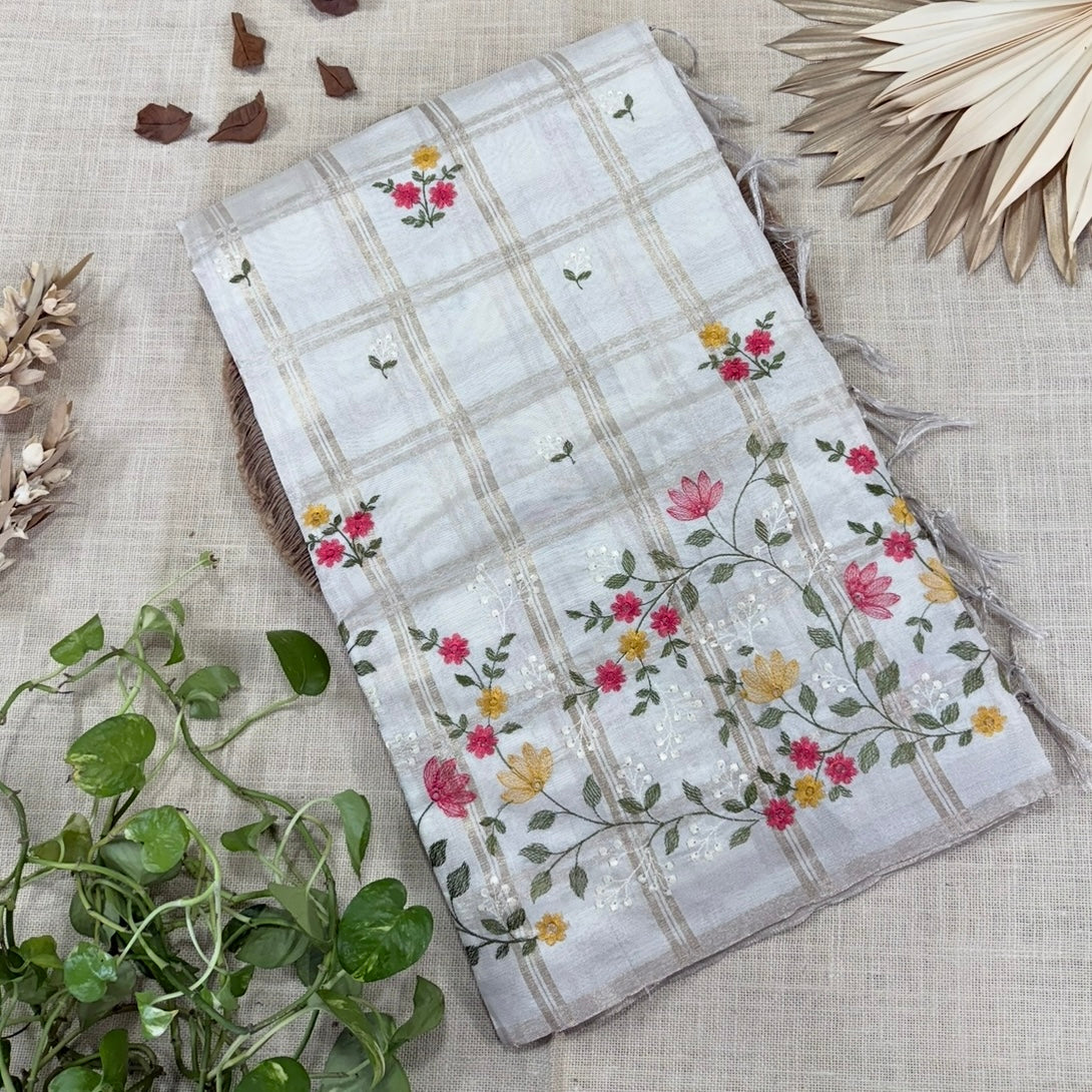 Off white Checks Floral Embroidery Semi Tussar Saree