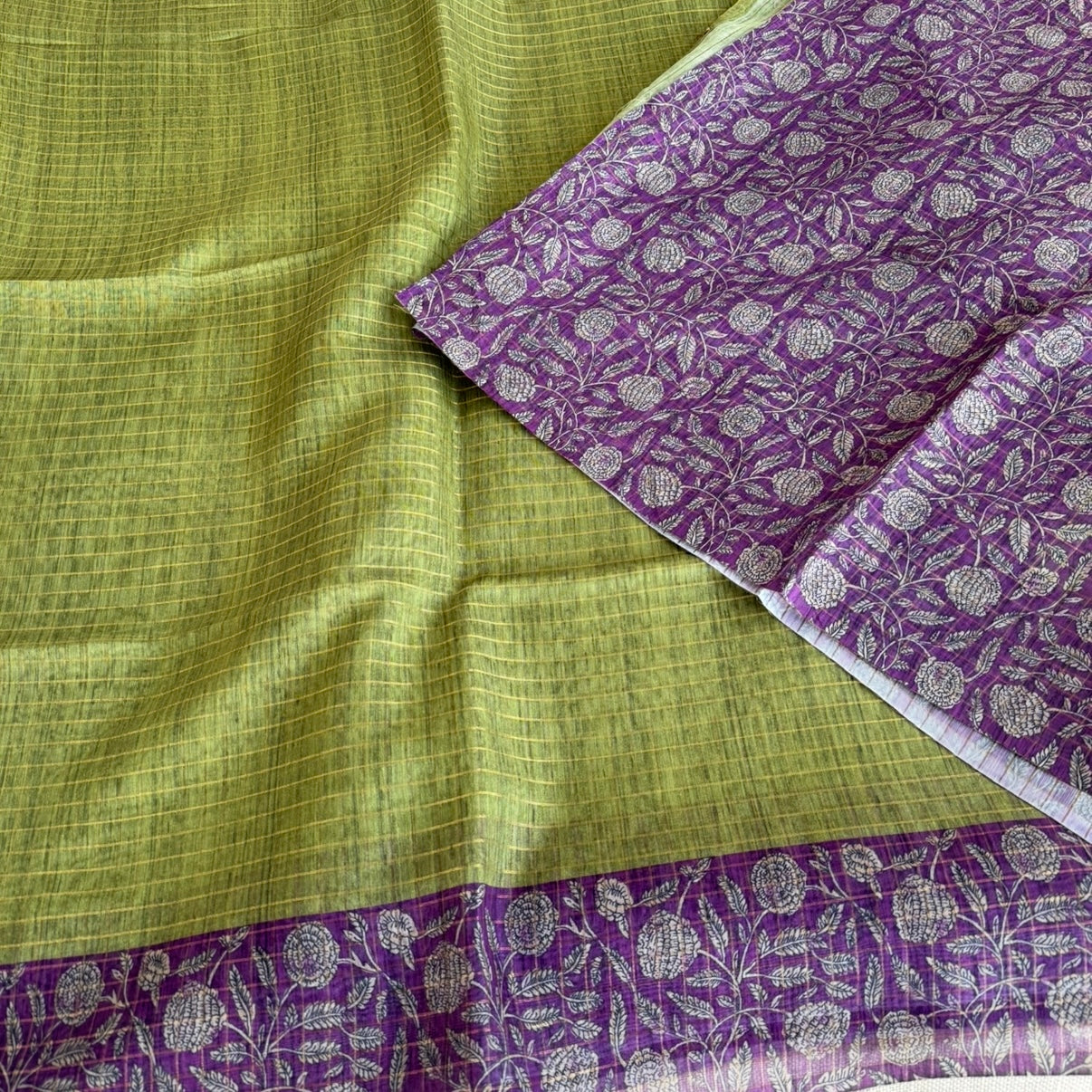 Green n Purple Checked Semi Tussar Saree