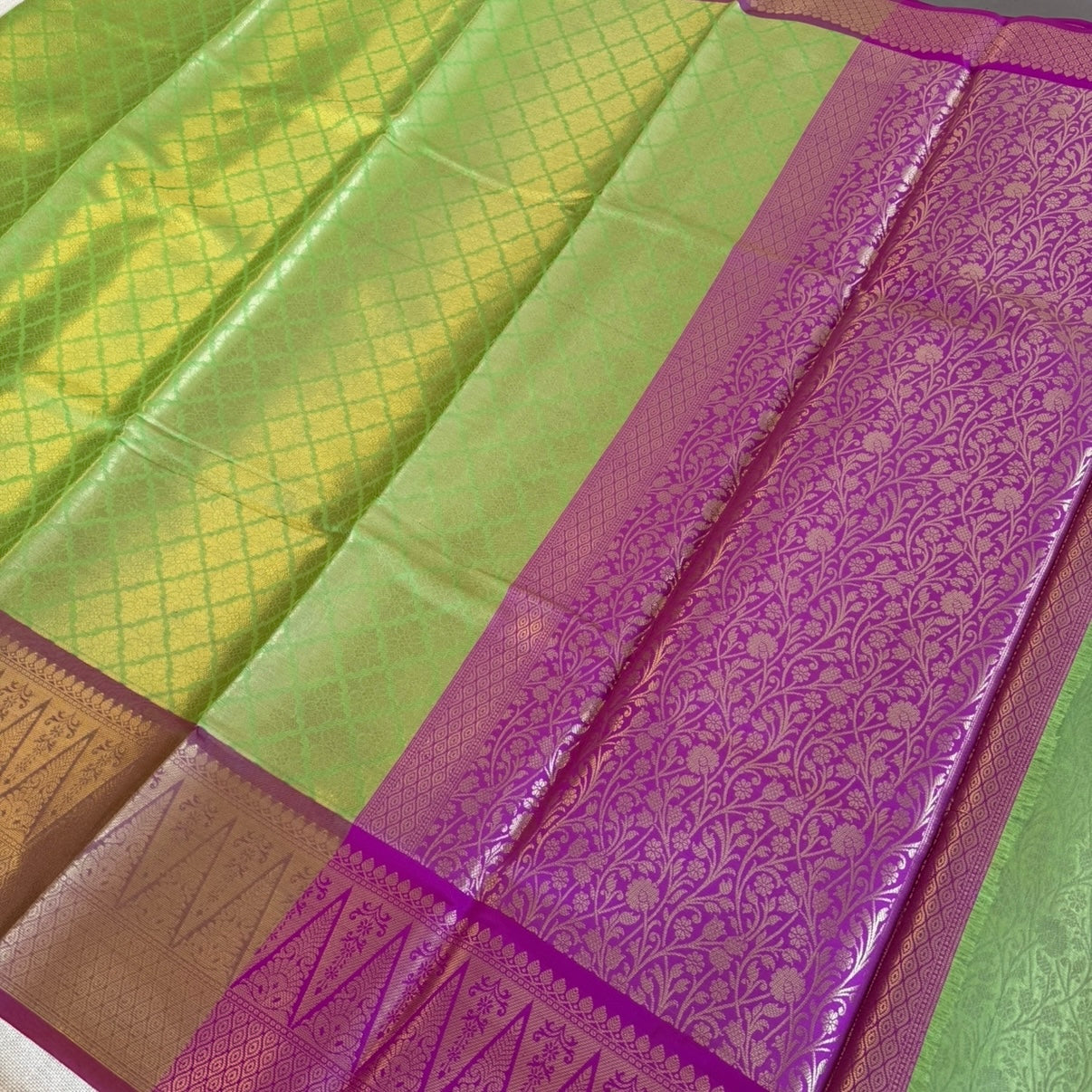 Parrot Green with Pink Katan Semi Silk Saree