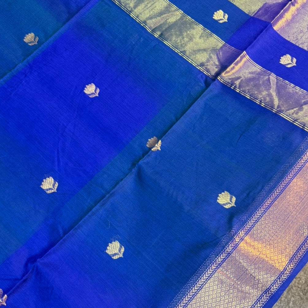 Royal Blue Peacock Dual Shade Lotus Butta Maheshwari Silk Cotton Saree