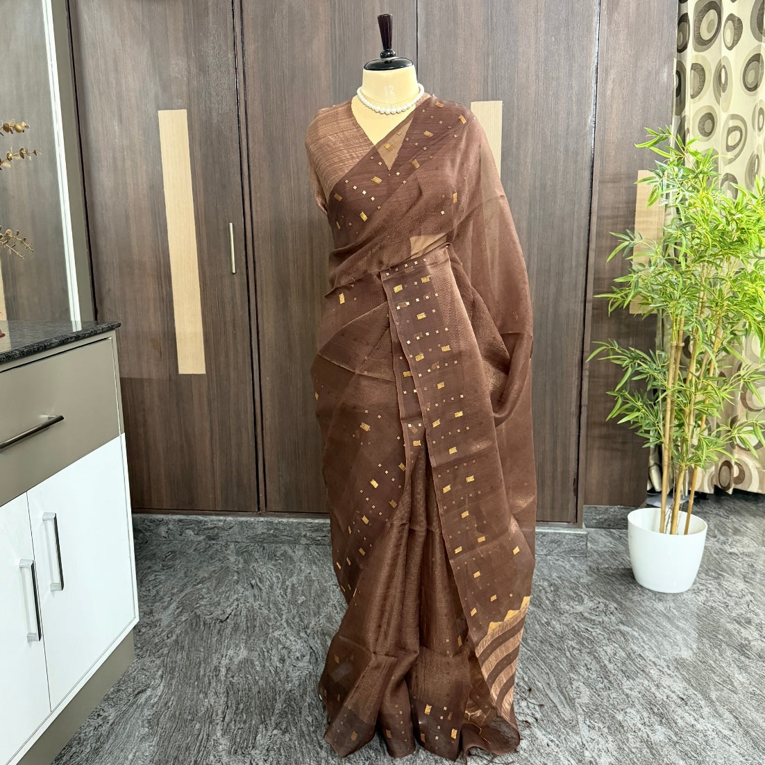 Mocha Brown Pure Kora Muslin Silk Saree