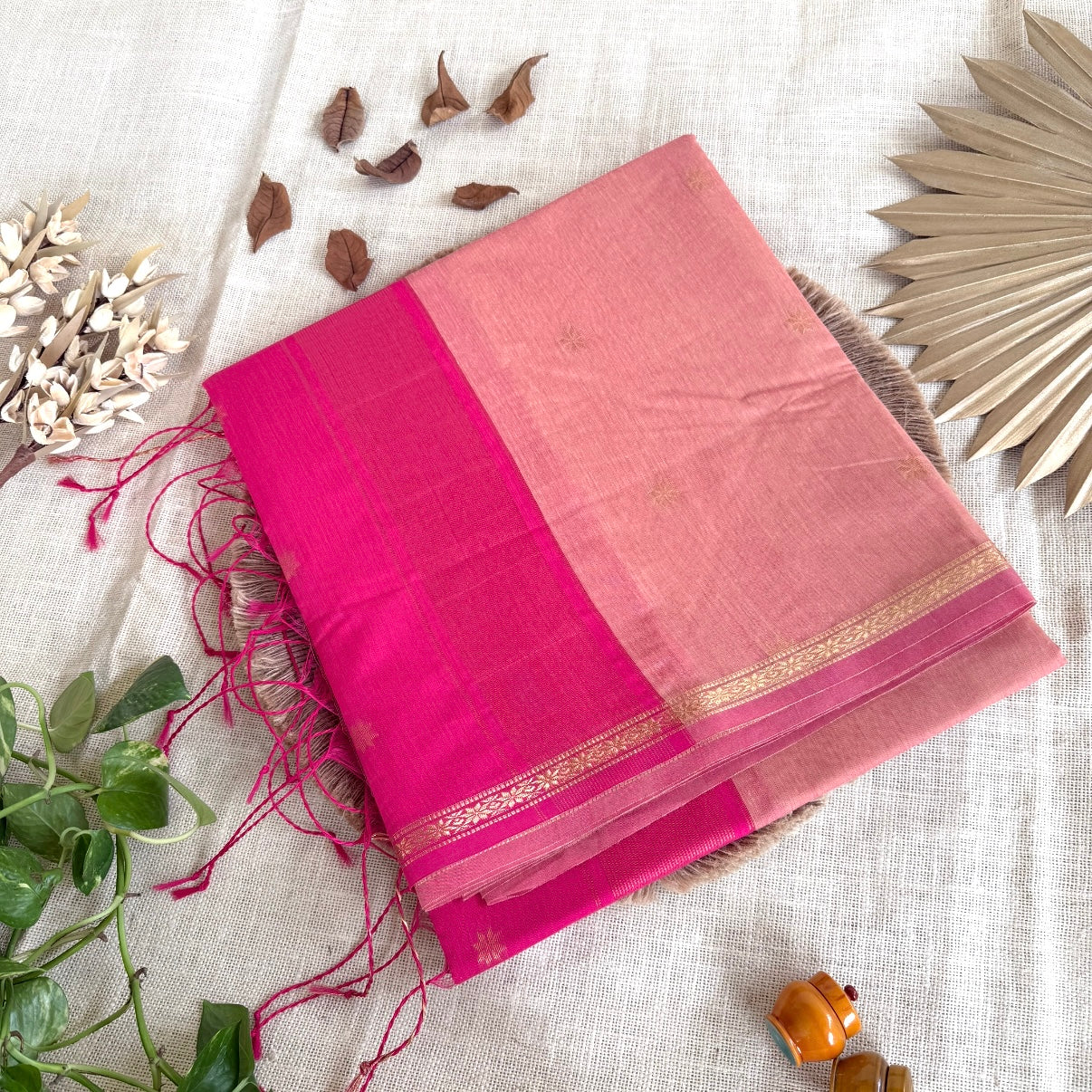 Lotus Pink with Rani Pink Maheshwari Pure Cotton Saree