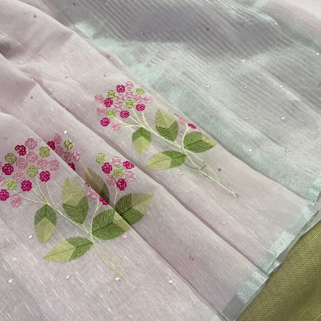 Pastel Pink Floral Embroidery Tissue Linen Saree