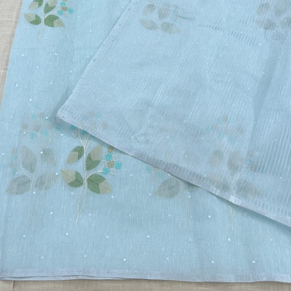 Pastel Blue Floral Embroidery Tissue Linen Saree